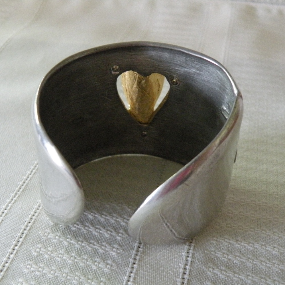 Diane von Furstenberg Silver & Gold Tone Heart 2" Wide Hinge Cuff Bracelet - Picture 10 of 12